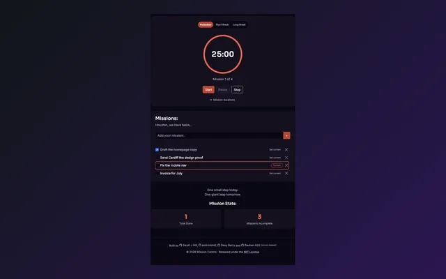 The Mission Control focus timer and mission list