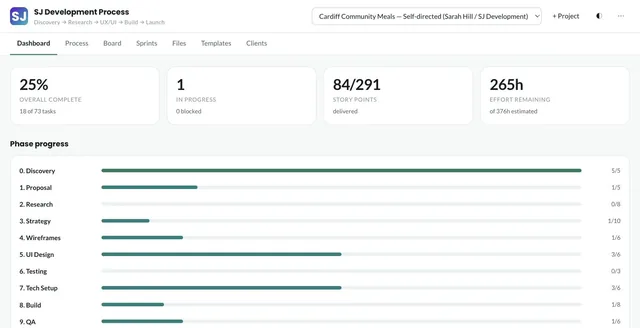 The dashboard showing overall progress and a progress bar for each of the twelve phases