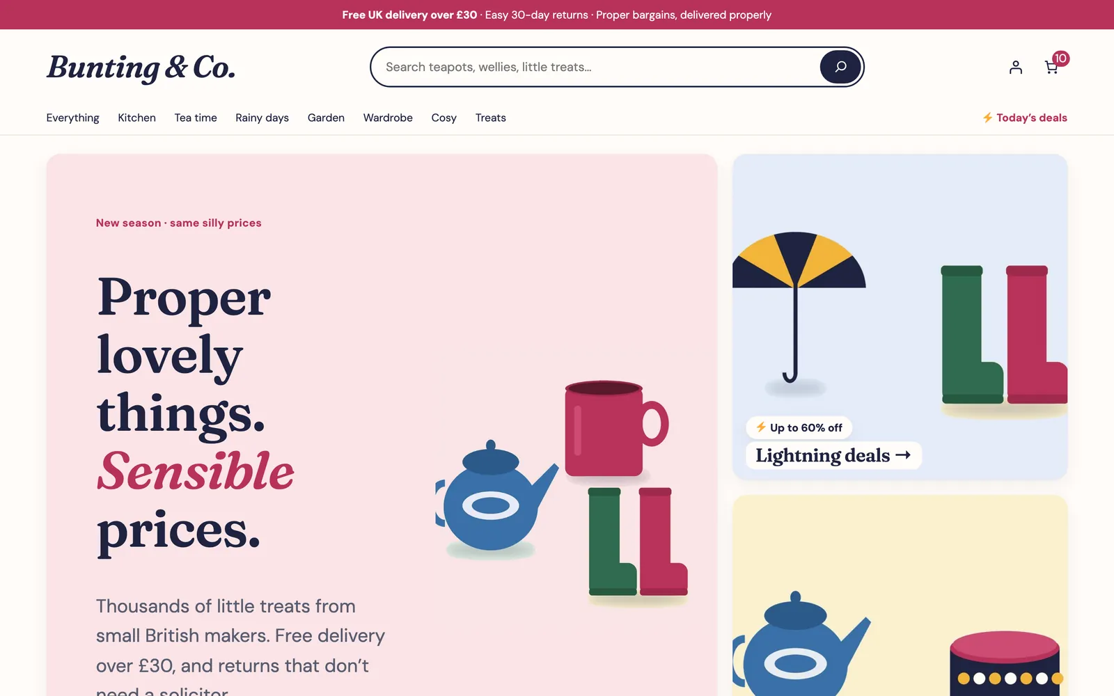 Ember home page: a pink welcome card reading Proper lovely things, sensible prices, beside lightning deals and new-in tiles