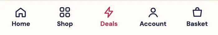 Bottom bar with home, shop, deals, account and basket icons