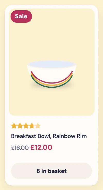 A product card for a breakfast bowl with a sale badge, stars and a basket button