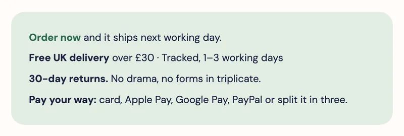 Delivery box: order now and it ships next working day, free UK delivery, 30-day returns
