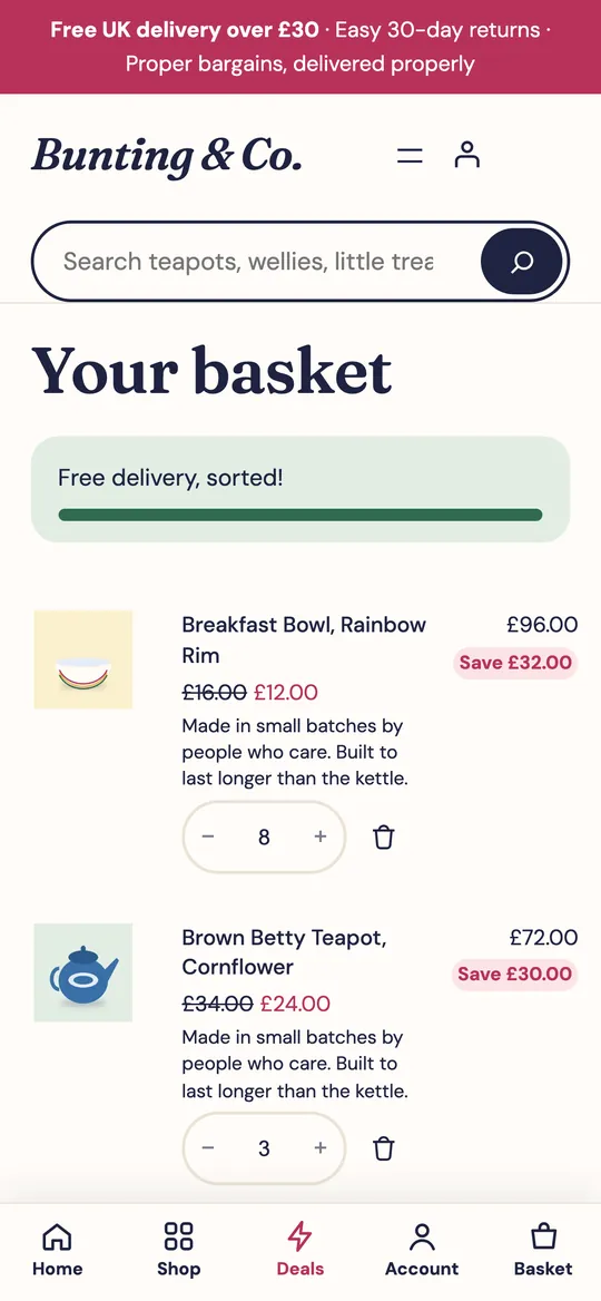 Basket on a phone with a free delivery progress bar