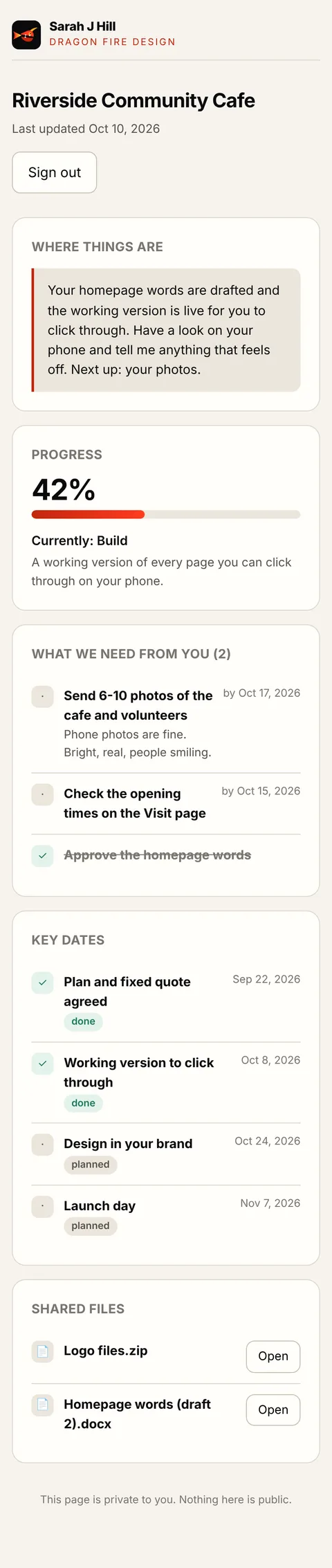 The client project page on a phone