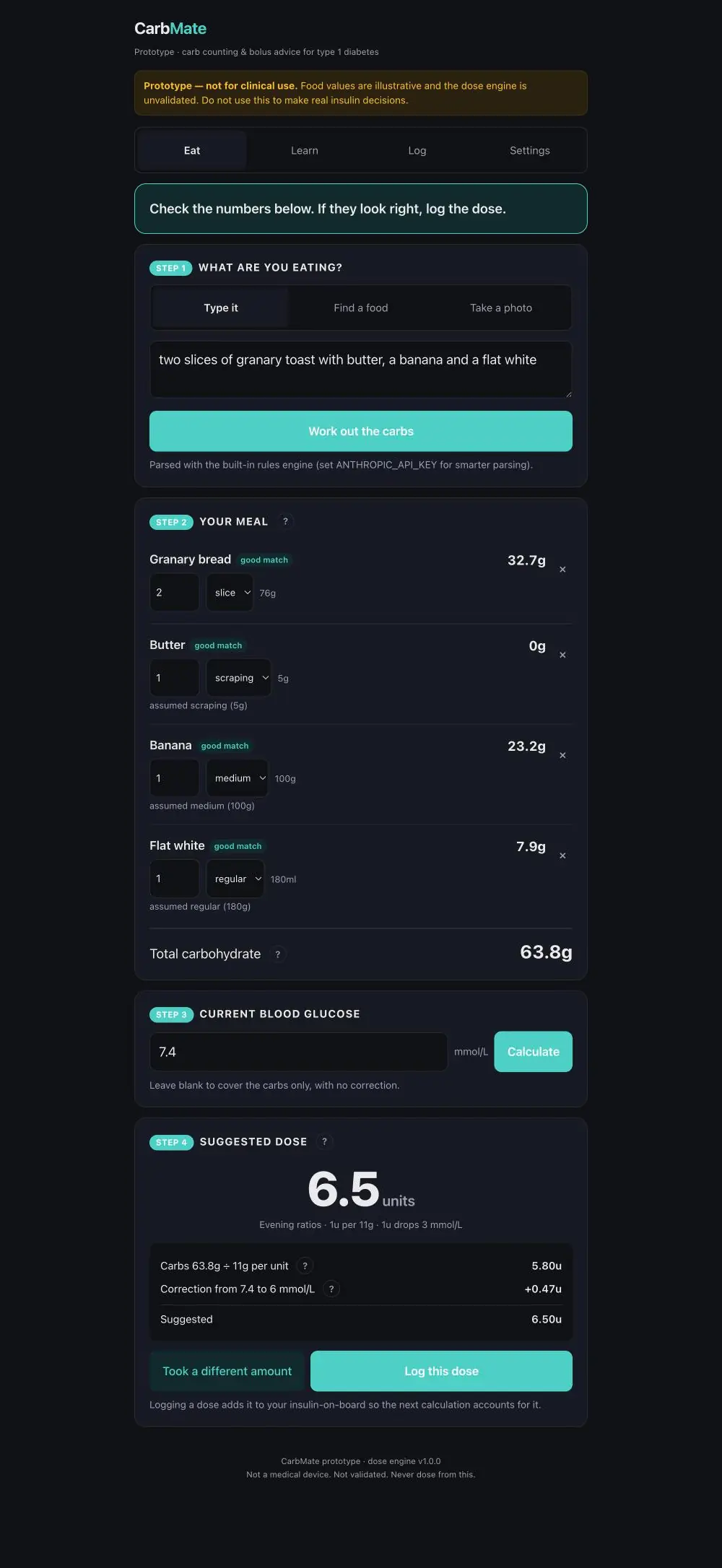 Full-length screenshot of CarbMate working out the carbs and a suggested dose for toast, a banana and a flat white
