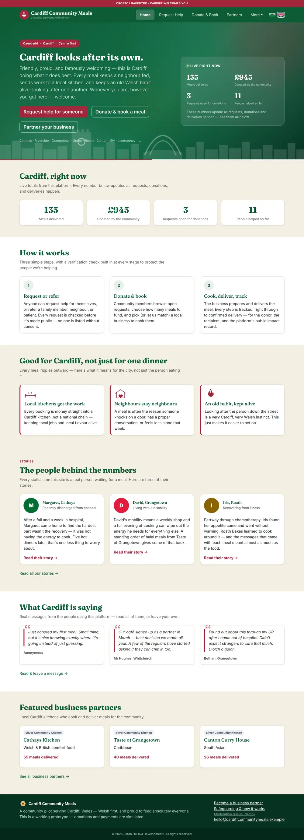 Full-length screenshot of the Cardiff Community Meals website on a laptop