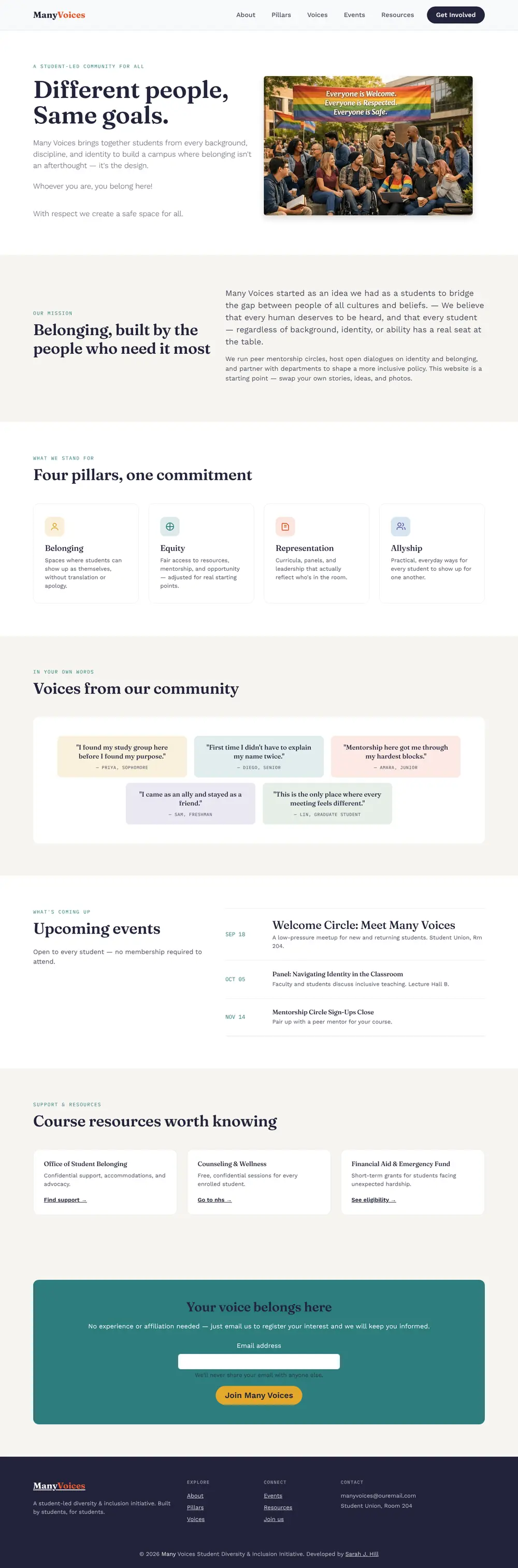 Full-length screenshot of the Many Voices website on a laptop