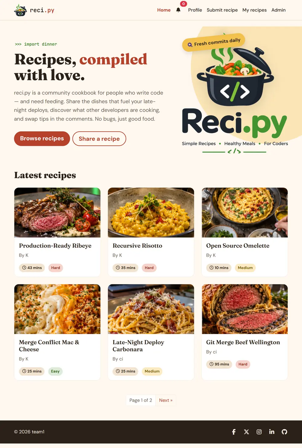 Full-length screenshot of the reci.py website on a laptop