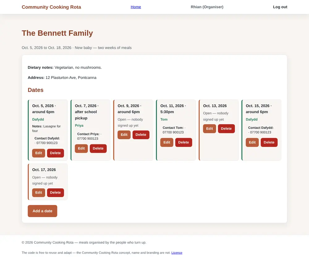 Full-length screenshot of the Community Cooking Rota website on a laptop