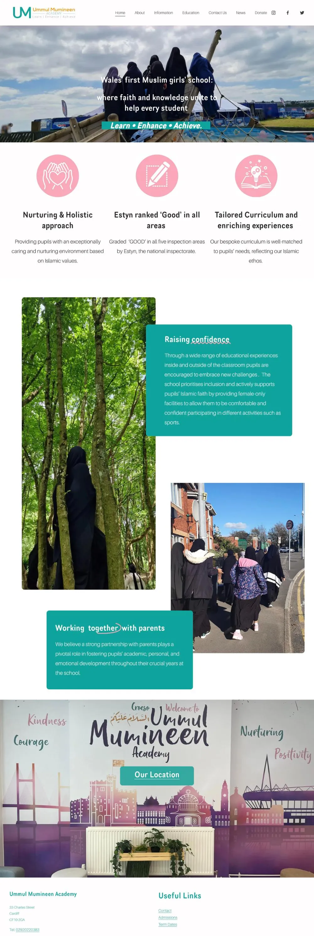 Full-length screenshot of the Ummul Mumineen Academy website on a laptop