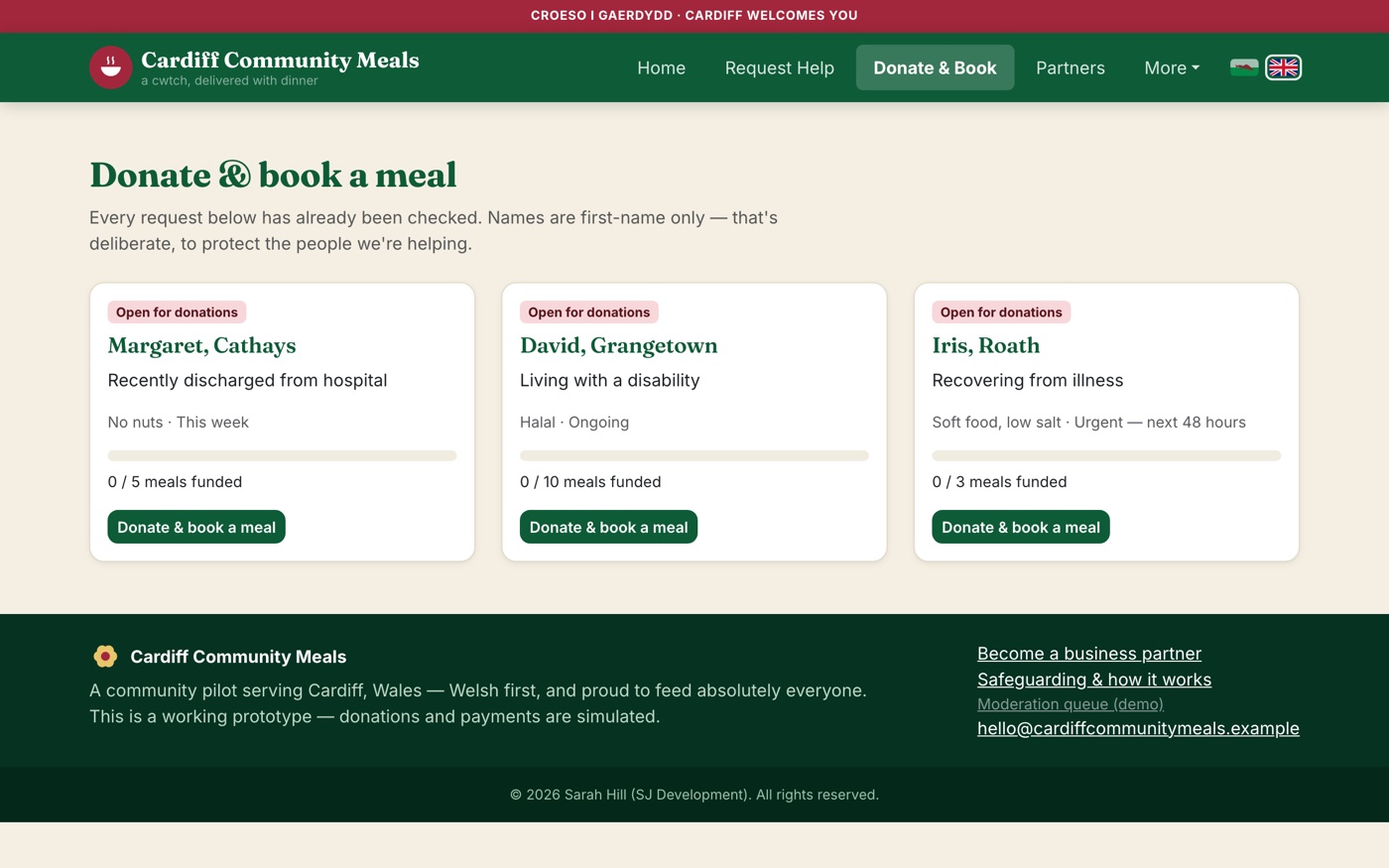 Donate and book a meal, showing verified anonymised requests