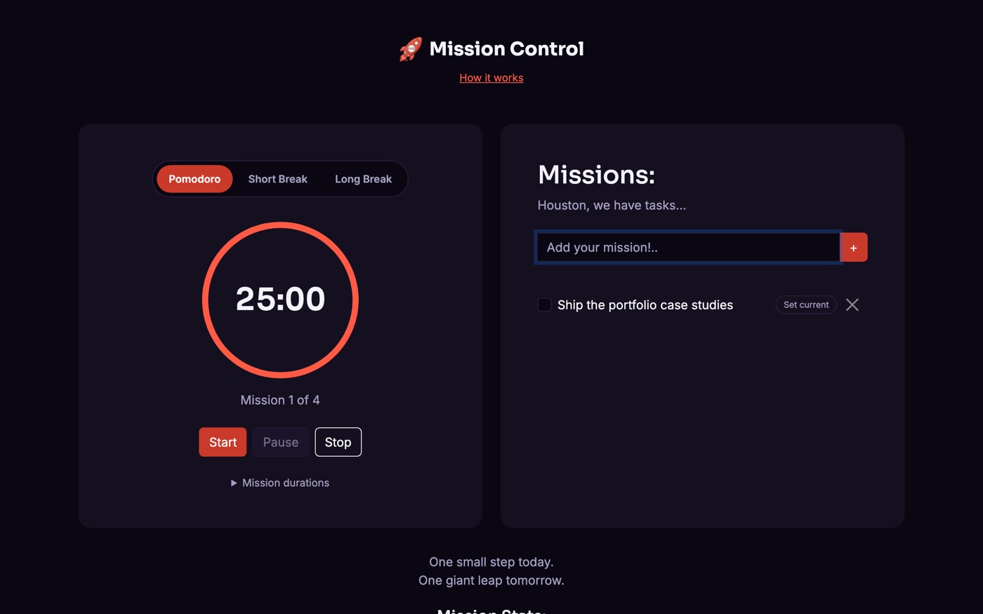 Mission Control Pomodoro timer with a mission added to the task list
