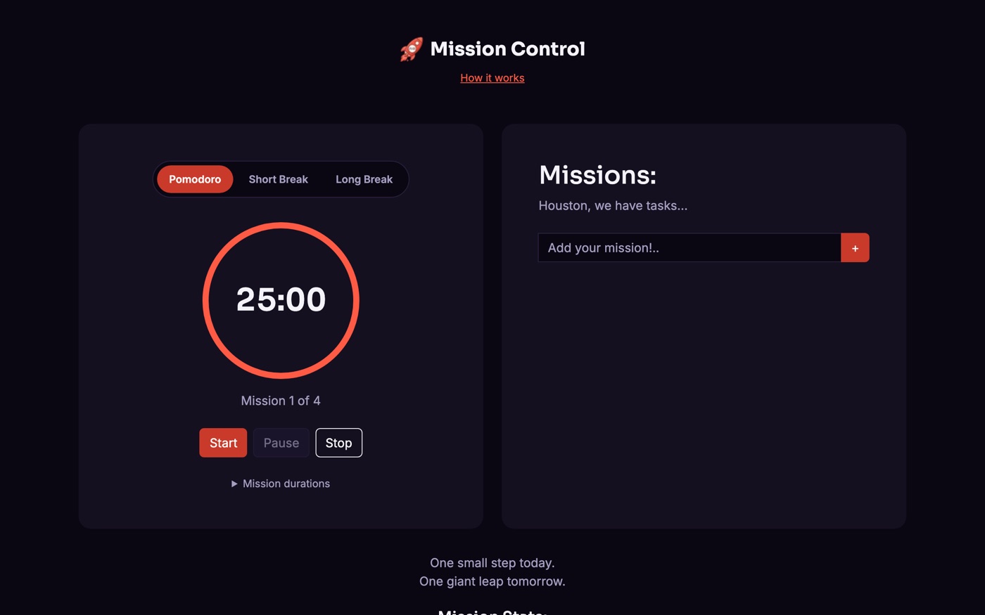 Mission Control Pomodoro timer interface with countdown ring and mission list