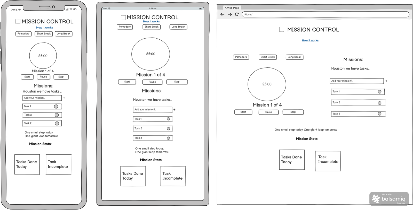 Balsamiq wireframes for mobile, tablet and desktop